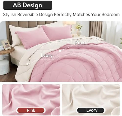 MUXHOMO 7 Pieces Queen Comforter Set, Reversible Bed in a Bag Queen Size, All Season Bedding Set with Comforter, Flat Sheet, Fitted Sheet, Pillowcases & Shams, Light Pink & Ivory
