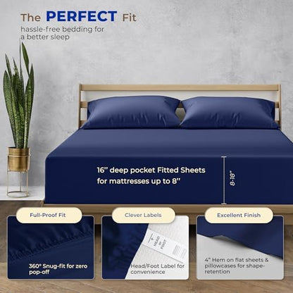 THREAD SPREAD California King Bed Sheets, Luxury 1000 Series Paradise Collection 100% Egyptian Cotton Cal King Sheets Set (4 PC, Navy Blue), Silky Soft, Cooling, 16" Deep Pocket Hotel Sheet Set
