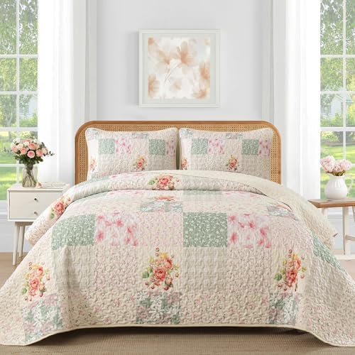 Mybedsoul Beige Boho Quilts Queen Size, Patchwork Reversible Bedding Set