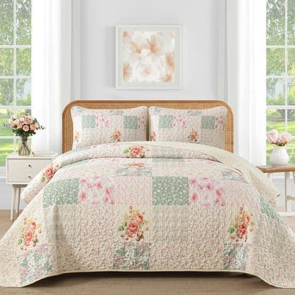 Mybedsoul Beige Boho Quilts Queen Size, Patchwork Reversible Bedding Set