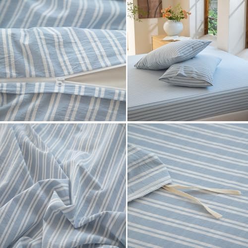 Striped Duvet Cover Set King Size 3 Piece 100% Washed Cotton Linen Feel Bedding Comfy Breathable Modern Farmhouse (King, Double Stripe-Light Blue/White)