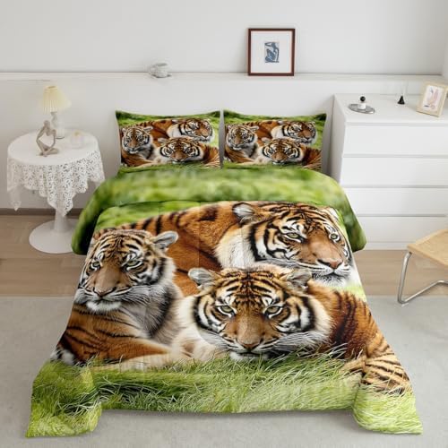 Erosebridal Tiger Bedding Set Queen,Safari Animal Comforter Set for Kids Boys Teens Adults Men,Tigers Family Down Comforter Cool Wildlife Bedding Sets Green African Grassland Quilt Duvet Set 3 Pcs