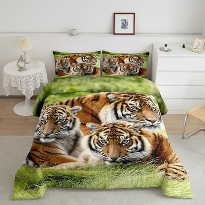 Erosebridal Tiger Bedding Set Twin,Safari Animal Comforter Set for Kids Boys Teens Adults Men,Tigers Family Down Comforter Cool Wildlife Bedding Sets Green African Grassland Quilt Duvet Set 2 Pcs