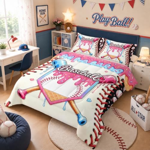 BSNTHO Baseball Full Size, Comforter Set Ice Cream Kids Comforter 3Pcs