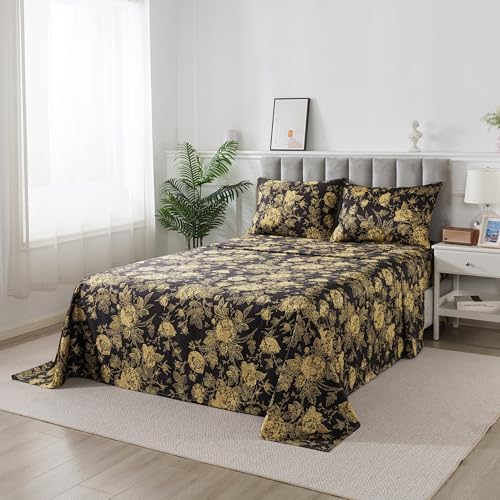FADFAY Rose Sheets Set Queen Vintage Black Gold Floral Bedding Shabby Peony Botanical Sheets Luxury Farmhouse Bedding 800 Thread Count 100% Egyptian Cotton Deep Pocket Fitted Sheet 4Pcs, Queen Size