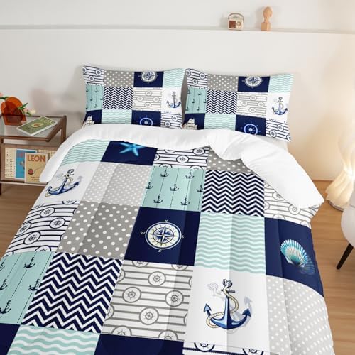 HOSIMA Plaid Patchwork Nautical Comforter Set Queen with 2 Pillowcases.