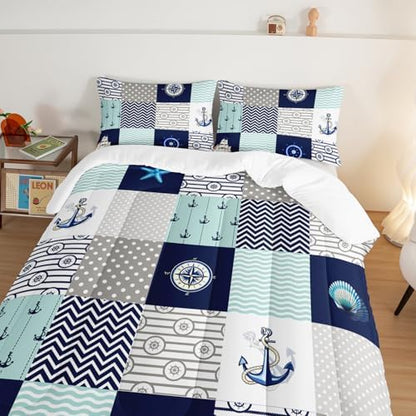 HOSIMA Plaid Patchwork Nautical Comforter Set Queen with 2 Pillowcases.