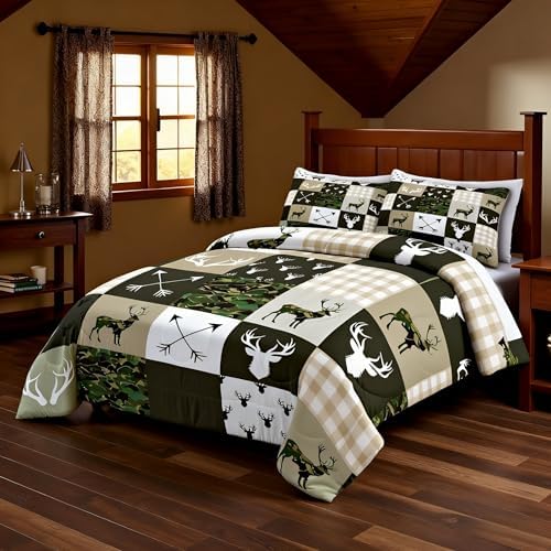 Camo Deer Kids Comforter Set Full Size,Deer Antlers Rustic Hunting Arrows Bedding Set,Girls Boys Adults Cabin Decor,Geometric Plaids Patchwork Down Comforter,Camo Country Duvet Insert,2 Pillowcases