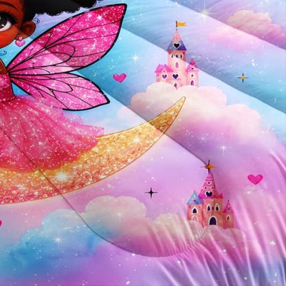 Black Girl Fairy Comforter Set King Size with 2 Pillowcases.