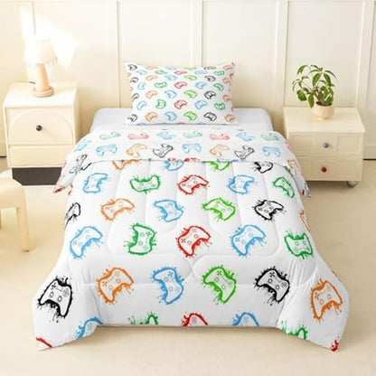 Castle Fairy Gaming Comforter Set,Modern Gamepad Bedding Set Kids Teens Modern Decor,Colorful Graffiti Comforter with 1 Pillowcase for All Seasons,Twin