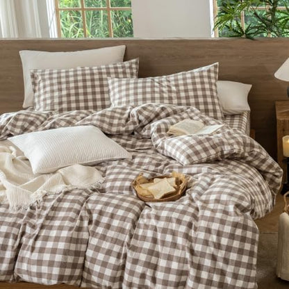 MooMee Gingham Duvet Cover Set 100% Washed Cotton Linen Like
