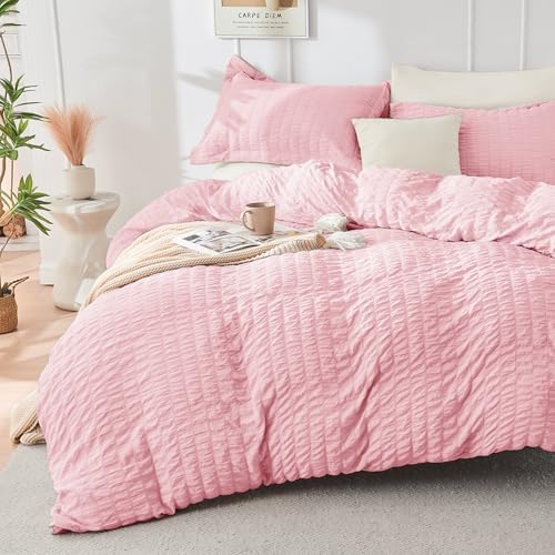 HYMOKEGE Pink/Ivory Full Size Comforter Sets Seersucker 7 Pieces, All Season Luxury Bed in a Bag for Bedroom, Bedding Set with Comforter, Sheets, Pillowcases & Shams