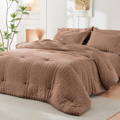 HYMOKEGE Mocha Brown Queen Comforter Set Seersucker 7 Pieces, All Season Luxury Bed in a Bag Queen for Bedroom, Bedding Set with Comforter, Sheets, Pillowcases & Shams