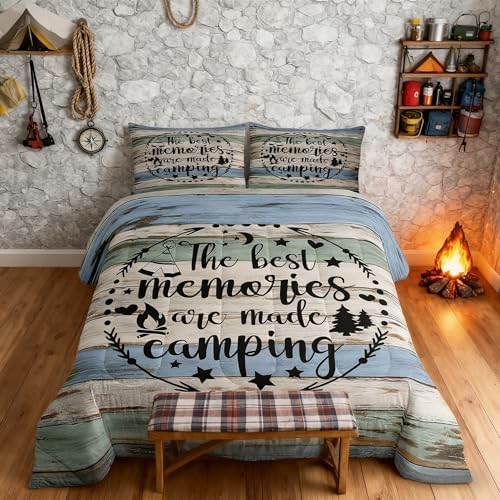 Manfei Happy Camping Comforter Set King,Boho Arrows Black Sketch Bedding Set 3pcs for Kids Teens Adults Room Decor,Teal Old Wood Board Quilt Set,Rustic Farmhouse Duvet Insert with 2 Pillowcases