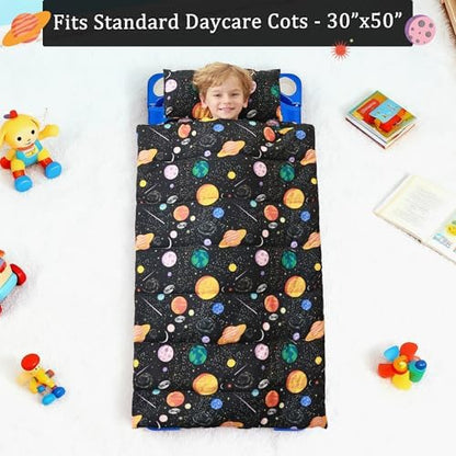Toddler Nap Mat for Preschool 50''x30'' Sleeping Mat with Removable Pillow and Minky Blanket for Kids Ages 3-7 Roll Up Soft Sleeping Bag for Boys Girls Kindergarten Daycare Sleepover