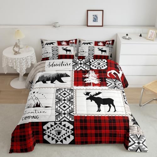 Deer Antlers Bear Kids Comforter Set Twin Size,Plaids Aztec Arrows Patchwork Bedding Set for Boys Girls Adults Room Decor,Rustic Adventure Xmas Down Comforter,Red Retro Duvet Insert,1 Pillowcase