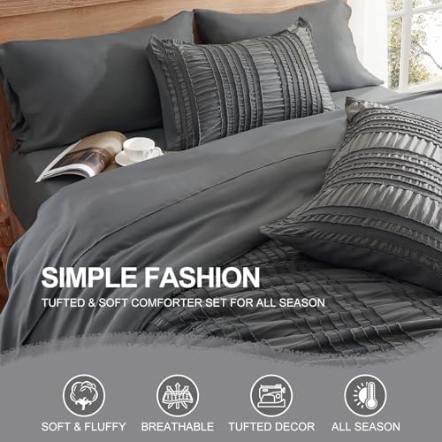 DHSFKBE Dark Grey Tufted Textured Comforter Set King Size, 7 Piece Bed in a Bag，Shabby Chic Boho Bedding for Bedroom Comforter，All Season Soft Microfiber Ruffle Comforter Set with Pillow and Sheets