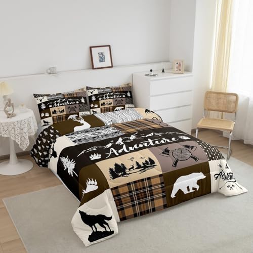 Castle Fairy Hunting Adventure Comforter Set King Size,Deer Bear Wolf Rustic Farmhouse Bedding Set All Season Quilt Set,Exotic Aztec Boho Tribal Brown Check Microfiber Polyester Down Comforter
