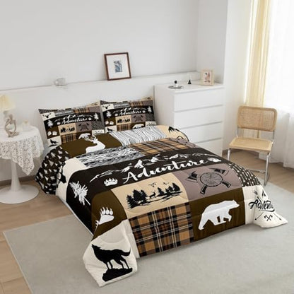 Castle Fairy Bear Print Full Size Comforter Set,Deer Antler Wolf Animals Hunting Adventure Bedding Comforters Bedroom Collection,Lodge Arrow Retro Brown Camper Plaid Bedding Set for Girls Teens