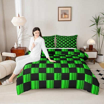 Feelyou Checkered Comforter Set All Season Abstract Ombre Bedding Set with 1 Pillow Cases Modern Geometric Green Black Kids Twin Bedclothes Cute Neutral Aesthetic Plaid Bedroom Decor Duvet Quilt