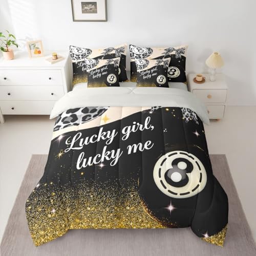 Erosebridal Y2K Lucky 8 Ball 7 Piece Bedding Set Trendy Cheetah Print Bow Comforter Set King Size for Kids Teen Adults,Grey Leopard Glitter Print Bed in A Bag Preppy Fashion Aesthetic Bed Set