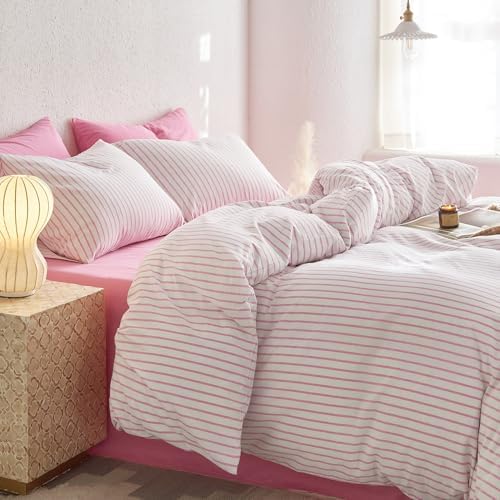 Wake In Cloud Striped Cotton Duvet Cover Set, Pink White, King