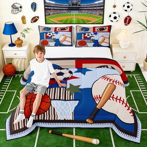 Castle Fairy Boys Ball Sports Themed Comforter Set King Size,Cartoon Baseball Basketball Football Bedding Set Kids Teens Room Decor,Patchwork Grid Stripes Quilted Duvet Blue Red Child Bedspread 3pcs