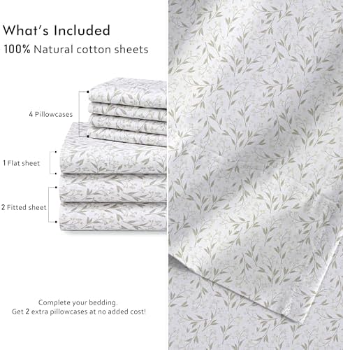 RUVANTI 100% Cotton Split King Sheets, Percale Sheets Set, Botanica Living