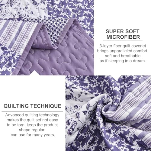 Mybedsoul Purple Quilt Set Full Size, Patchwork Floral Bedding Set