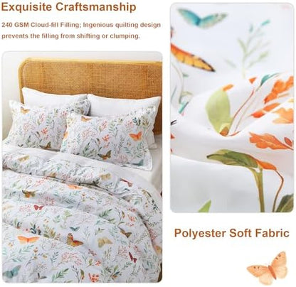 Mooreeke Floral Full Size Comforter Sets, Butterfly and Botanical Patterned Bedding for All Seasons, 3-Piece Vintage Bed in a Bag with Fluffy Quilted Reversible Comforter & 2 Pillow Shams