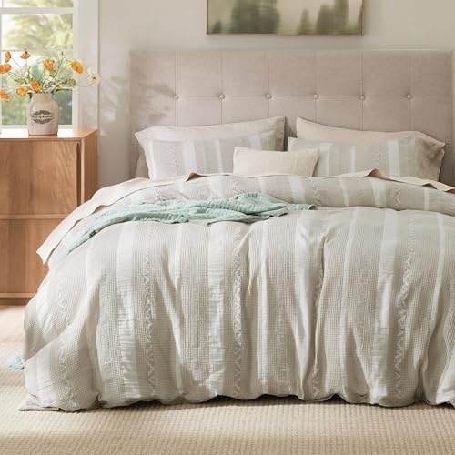 Bedsure PureWoven Boho Striped Cotton Waffle Duvet Cover Set, King, Linen