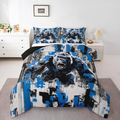 Ape Kids Comforter Set King Size,Old World Monkey Vintage Jungle Creature Bedding Set,Girls Boys Room Decor,Graffiti Geometric Abstract Artwork Quilt Comforter,Modern Duvet Insert,2 Pillowcases