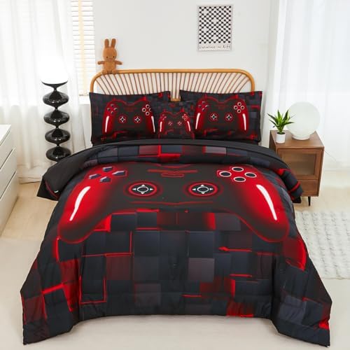 PERFEMET 6-Piece Boys Comforter Set Queen Size Game Console Bedding Set for Kids Teen 3D Black and Red Gamepad Gaming Bed in a Bag Matching Sheet Set(Red, Queen)