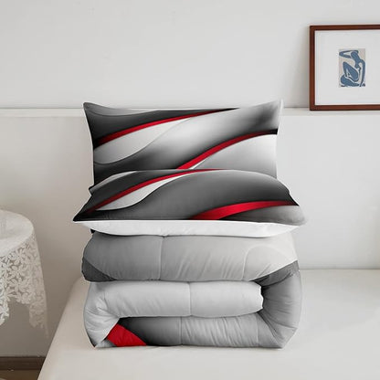 Castle Fairy Modern Gray Red Black Comforter Set Queen Size Abstract Stripes Quilt Set 3pcs for Kids Youth Men Women Bedroom Decor 3D Stripes Bedding Set Gradient Simple Duvet Insert,2 Pillowcases