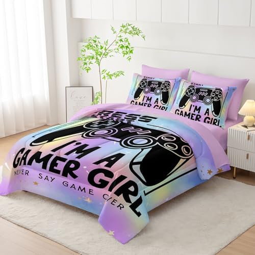 7Pcs Comforter Set Black Game Console Multi Color Printed Bedding Set with 1 Comforter,1 Flat Sheet,1 Fitted Sheet and 4 Pillowcases for Boys and Girls Bedroom All Season(Queen)