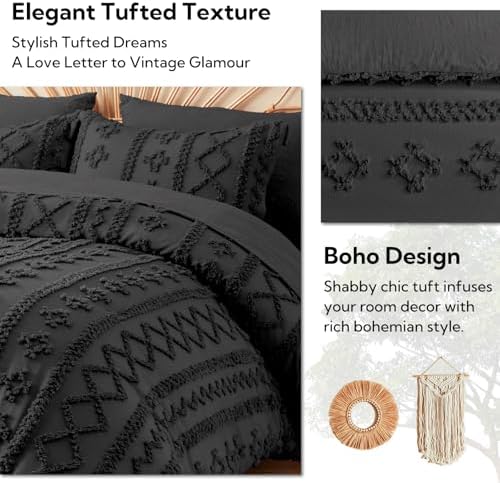 MR&HM King Size Comforter Set 7 Pieces, Farmhouse Boho Tufted Bed Set Black