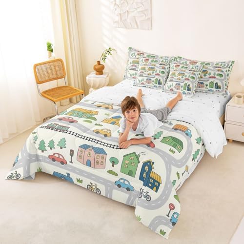 Erosebridal 7 Pcs Cartoon City Car Bedding Set Queen Size Cute Bicycle Train Kids Comforter Set with Sheets Multicolor Cityscape Bed in A Bag for Boys Girls Transportation Road & Railway Bed Sets