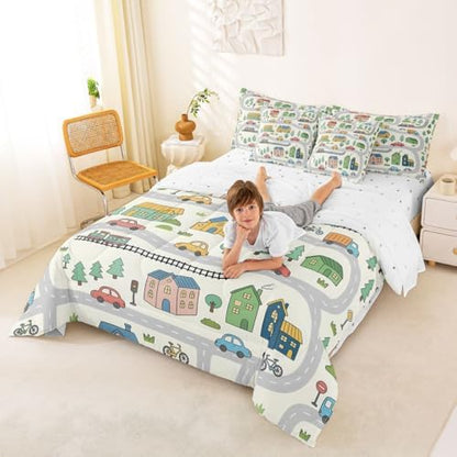 Erosebridal 7 Pcs Cartoon City Car Bedding Set Queen Size Cute Bicycle Train Kids Comforter Set with Sheets Multicolor Cityscape Bed in A Bag for Boys Girls Transportation Road & Railway Bed Sets