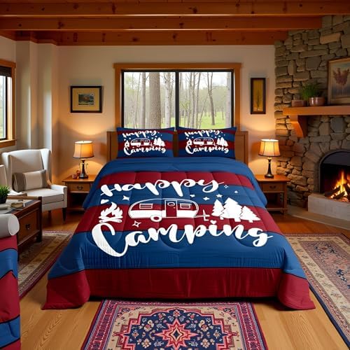 Rustic Camping Travel Comforter Set Twin Size,Camper RV Trailer Decor Bedding Set 2pcs for Kids Boys Girls Adults,Old Wooden Plank Farmhouse Down Comforter,Red Blue Retro Duvet Insert,1 Pillowcase