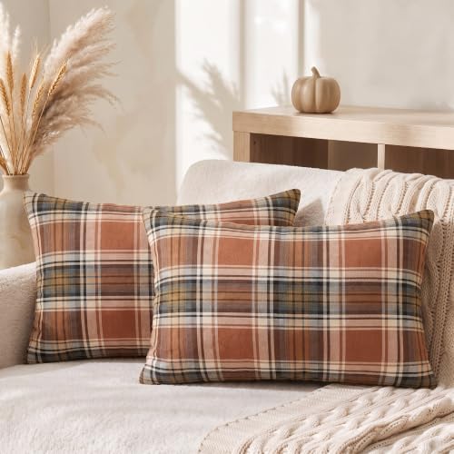 AVOIN colorlife Fall Caramel Brown Plaid Decorative Throw Pillow Covers, 12 x 20 Inch Holiday Scottish Tartan Cushion Case Farmhouse Decoration for Sofa Couch Set of 2