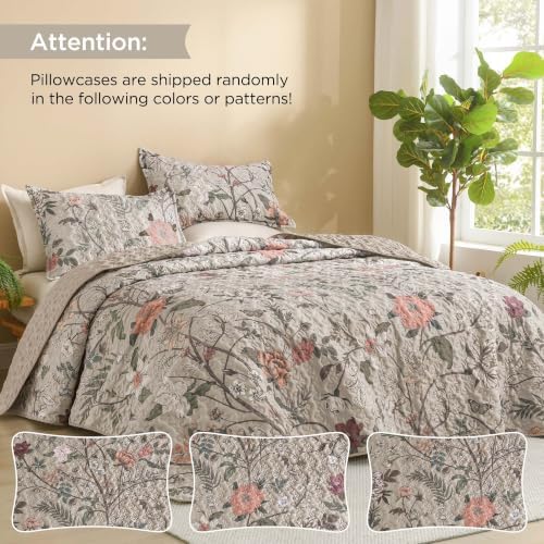 Litanika Floral Oatmeal Quilt Queen - 3Pcs Botanical Birds Bedding Set
