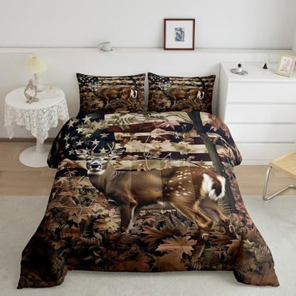 Feelyou Cute Deer Comforter Set Twin Size for Girls Boys Kids Deer Hunting Bedding Set Room Decor American Flag Camo Bedding Set Cabin Deer Brown Duvet Set 2Pcs Quilt Set