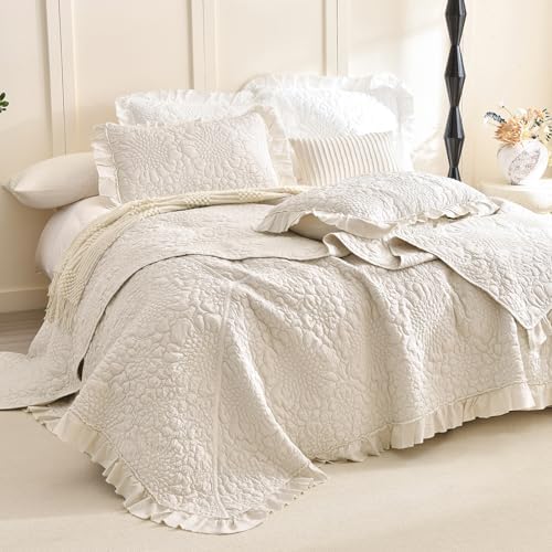 Masaca Oversized King Bedspread 120x120,Wheat Ruffled Crinkled Oversized California King Quilt Farmhouse Shabby Boho Chic Rustic Stone-Washed Microfiber Extra Large Bedding Set Soft and Lightweight