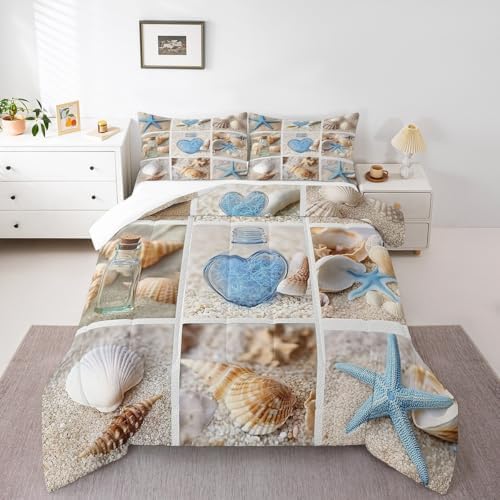 Erosebridal Beach Comforter Set, Ocean Themed Bedding Set Full Size Coastal Nature Duvet Sets Starfish Love Heart Bedding Comforters for Kids Boys Girls Teens Adult Bedroom Decor
