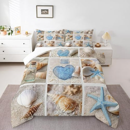 Erosebridal Beach Comforter Set, Ocean Themed Bedding Set Full Size Coastal Nature Duvet Sets Starfish Love Heart Bedding Comforters for Kids Boys Girls Teens Adult Bedroom Decor