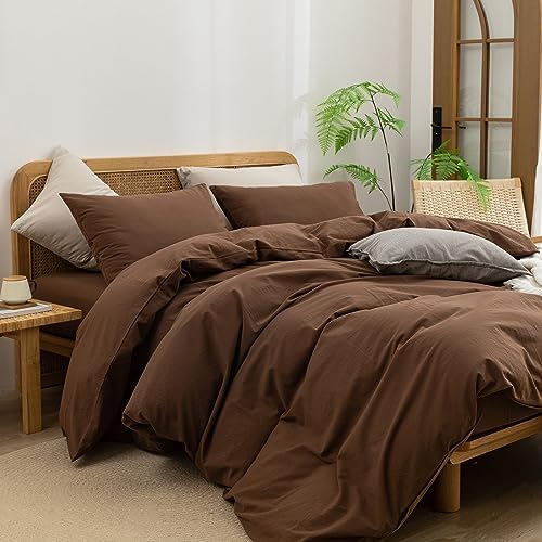 BESTOUCH Cotton Solid Duvet Cover Set Linen Feel Cocoa Brown Super King