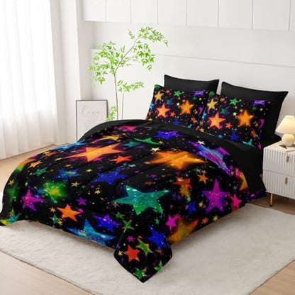 7Pcs Colorful Stars Comforter Set Starry Printed Bedding Set with 1 Comforter, 1 Flat Sheet, 1 Fitted Sheet and 4 Pillowcases for Boys and Girls Bedroom (Stars-2 Full