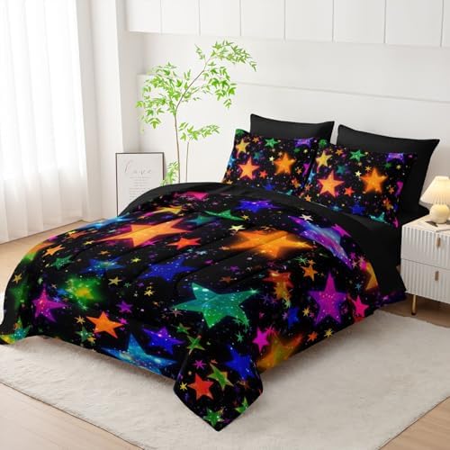 7Pcs Colorful Stars Comforter Set Starry Printed Bedding Set with 1 Comforter, 1 Flat Sheet, 1 Fitted Sheet and 4 Pillowcases for Boys and Girls Bedroom (Stars-2 Queen