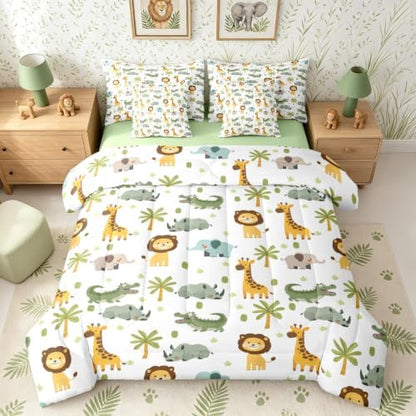 Erosebridal Zoo Animals Queen Comforter Set 7 Piece for Kids Boys Girls African Safari Animals Bed in A Bag with Sheets Elephant Lion Rhinoceros Crocodile Giraffe Bedding Set Wildlife Bed Set
