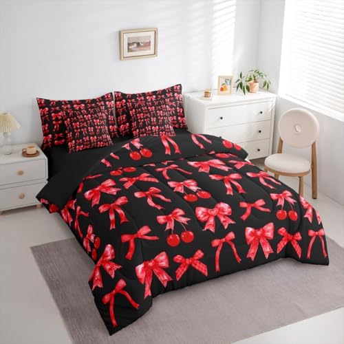 Red Cherry Bow Bed in a Bag King Size Comforter Set 7 Pieces, Cute Silk Ribbon Bowknot Bedding Sets Princess Bow Tie Comforter and Sheet Set, Dreamy Kawaii Room Decor,Girly Red and Black Room Decor
